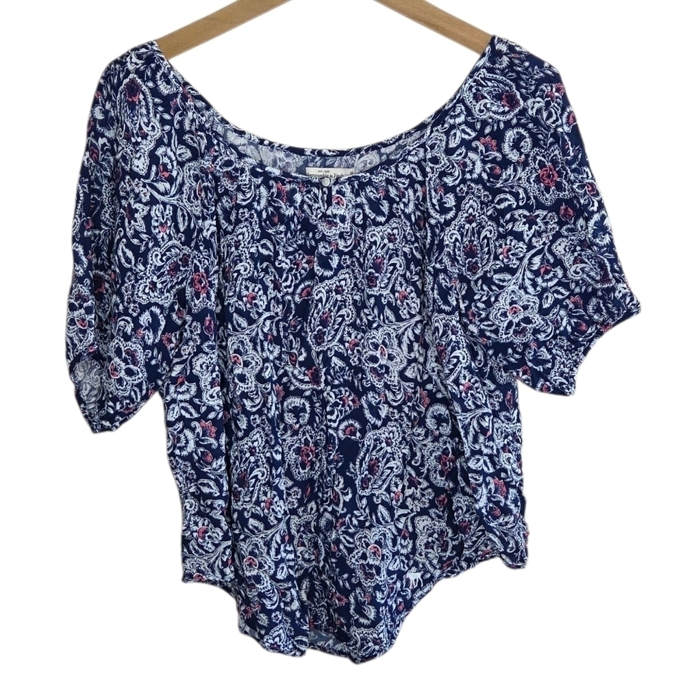 Abercrombie & Fitch | Navy White Pink Print Boho Puff Sleeve Top Round Hem